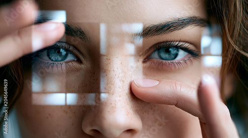 Nahaufnahme eines Frauengesichts mit intensiven blauen Augen und einem digitalen Scan-Raster über dem Gesicht