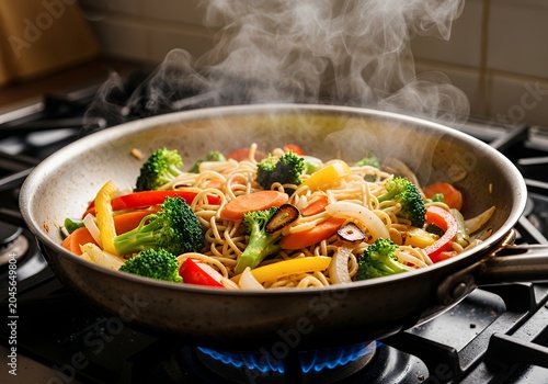 This is an image showing a wok of food cooking