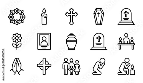 Fotografie Funeral Icons Set, Grief and Mourning Symbols, Memorial Vector Graphics, Cemeter