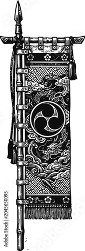 Stylized illustration of an ancient Japanese banner, featuring a common symbol, decorative tassels, and detailed patterns. Represents tradition, heritage, and historical significance.