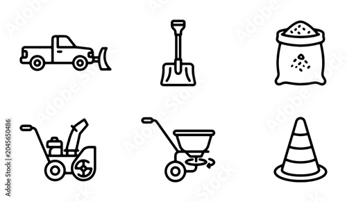 Tableau sur toile Winter Snow Removal Tools Set: Plow Truck, Snowblower, Shovel, Salt Bag, Spreade