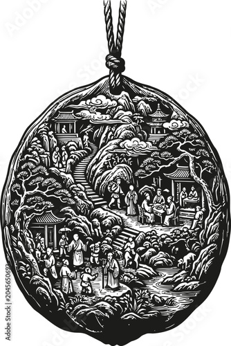 An oval pendant featuring a highly detailed carved landscape with mountains, trees, and buildings, suspended by a simple cord. The intricate design suggests an antique or traditional piece of jewelry.