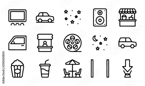 Foto Drive-In Movie Icons Set: Cinema, Car, Popcorn, Stars, Night, Entertainment Vect