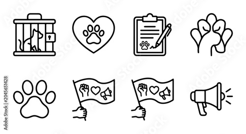 Konstfotografi Animal Welfare Icons Set: Paw Print, Cage, Advocacy Flags, Megaphone, Clipboard