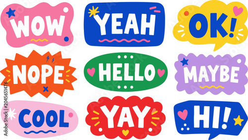 A collection of vibrant, hand-drawn style speech bubbles featuring various expressions like WOW, YEAH, OK, NOPE, HELLO, MAYBE, COOL, YAY, and HI.