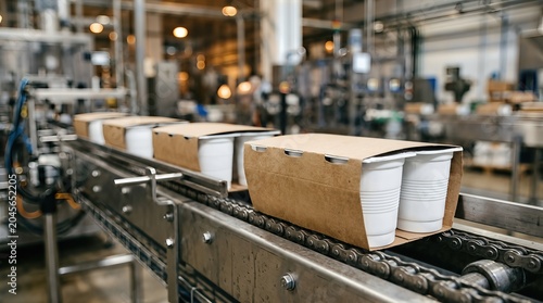 Food production line with paperboard packaging containing white cups moving along a conveyor belt in a modern manufacturing facility