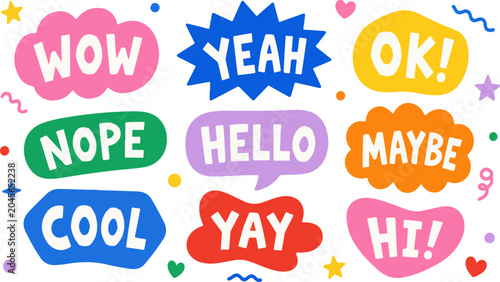 A collection of vibrant, hand-drawn style speech bubbles featuring short, positive words like WOW, YEAH, OK, NOPE, HELLO, MAYBE, COOL, YAY, and HI.