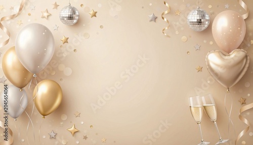An elegant beige background, perfect for celebrating achievements or birthdays, decorated with balloons, disco balls, confetti, and champagne glasses, with space for writing messages.