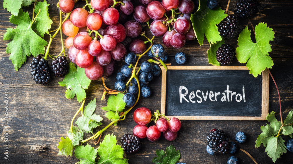 Obraz premium Fresh Grapes and Berries with Resveratrol Sign on Chalkboard
