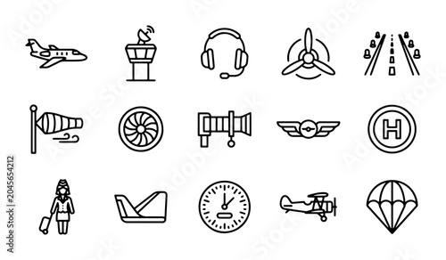 Quadro su tela Aviation Icons Set: Jet, Control Tower, Propeller, Biplane, Parachute, Airport S