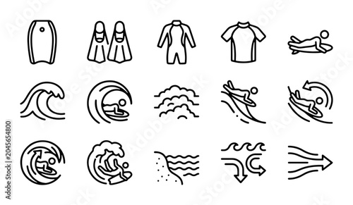 Foto Surfing Icons Set, Ocean Waves & Water Sports Gear Vector Graphics, Beach Lifest