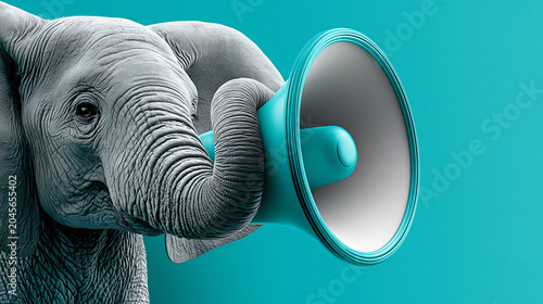 Ein niedlicher 3D-Cartoon-Elefant hält ein Megafon auf türkisfarbenem Hintergrund und symbolisiert Kommunikation und Ankündigung