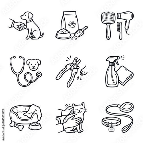 Dog and cat grooming and care icons set.