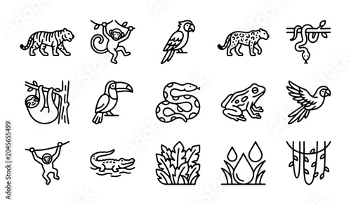 Photography Jungle Animals Vector Icons Set: Tropical Wildlife, Rainforest Creatures, Nature