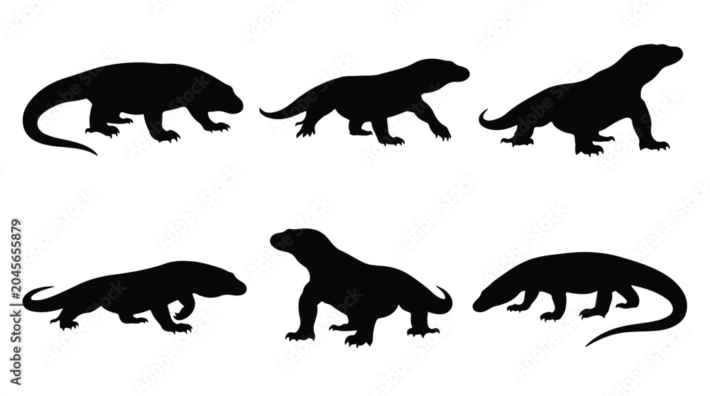 Obraz premium Collection of various komodo dragon silhouettes 