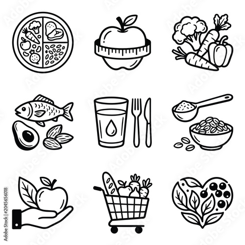 Healthy Eating and Nutrition Icons Collection.