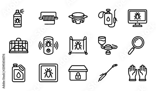 Foto Pest Control Icons: Insecticide Spray, Trap, Repellent, Magnifier, Gloves, Vecto