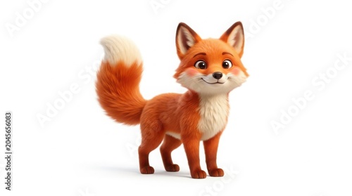 Adorable red fox character with fluffy tail, cute 3D cartoon fox illustration, friendly forest animal mascot for children storytelling isolated on White Background