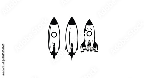 Three stylized black and white rocket illustrations in sequence.