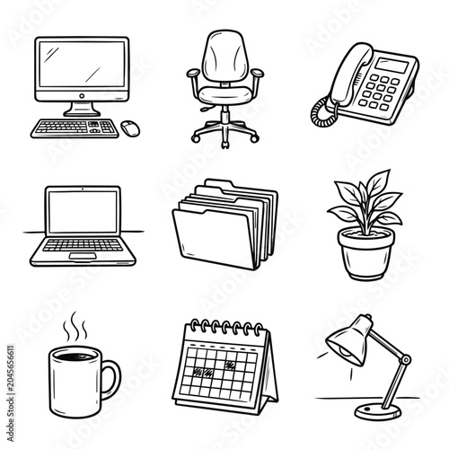 Office Supplies and Equipment Collection Hand Drawn Style.