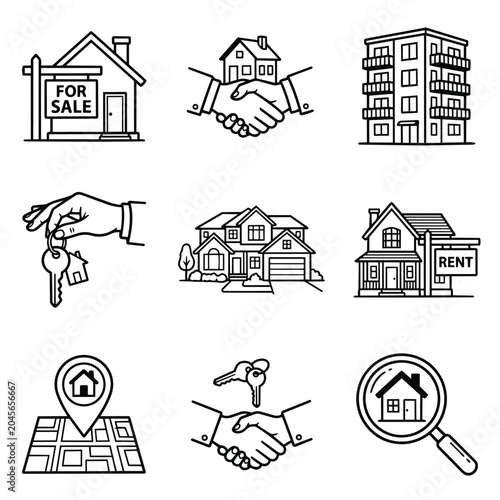 Real Estate Icons Representing Property Transactions and Services.
