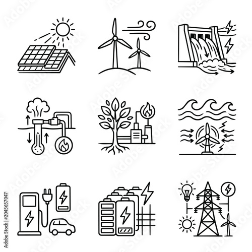 Set of clean energy icons representing renewable power sources.