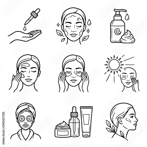 Skincare routine icons for face and beauty treatments.