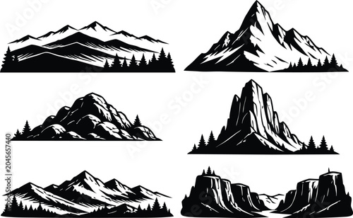 Mountain peak logo set, outdoor adventure forest silhouette vector