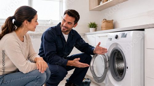 Appliance technician explaining washing machine operation to customer at home