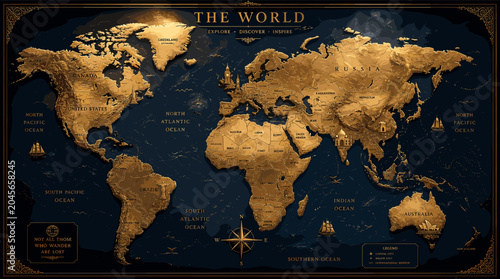 Cuadro en lienzo A richly detailed, antique-style world map with a textured, golden landmass against a deep blue, star-speckled background, featuring prominent country names and ocean labels
