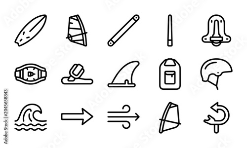 Foto Windsurfing Icons Set, Water Sports Equipment Vector Graphics, Surfing Gear Coll