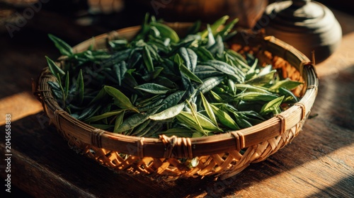 Freshly harvested tea leaves arranged in traditional bamboo basket