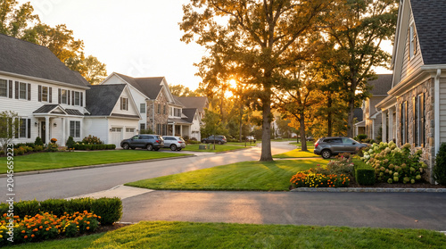 Quiet suburban neighborhood street with modern homes at sunset