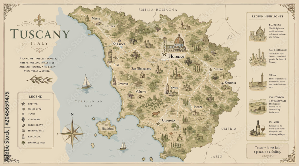 Naklejka premium A beautifully illustrated map of Tuscany, Italy, highlighting major cities, landmarks, and geographical features, with a decorative border and inset illustrations.