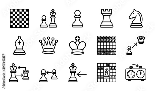 Bild auf Leinwand Chess Icons Set: Strategy, Board Game Pieces, Pieces, Tactics, and Timer Vector