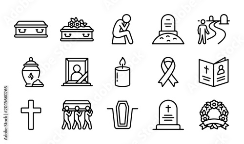 Tableau sur toile Funeral Icons Set: Grief, Mourning, Remembrance, Death, Cemetery, Memorial Symbo