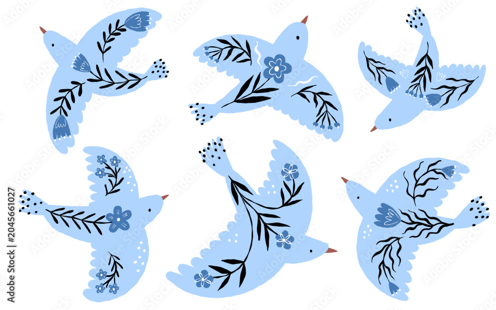 Obraz premium Blue birds set with folk floral ornaments for International Peace Day and world harmony celebrations