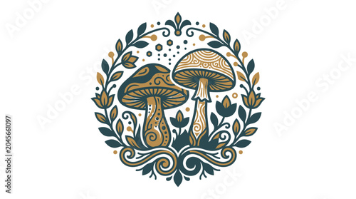 Canvas-taulu Two decorative mushrooms in a circular floral pattern.