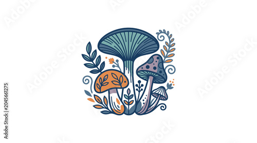 Foto Three colorful mushrooms with leaves and branches illustration.