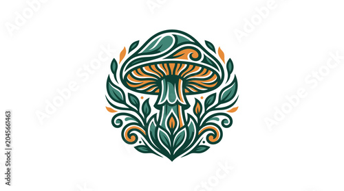 Foto Stylized Mushroom with Leaves and Swirls Emblem.