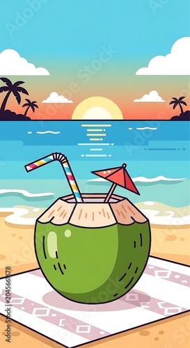 Coconut drink on beach at sunset.