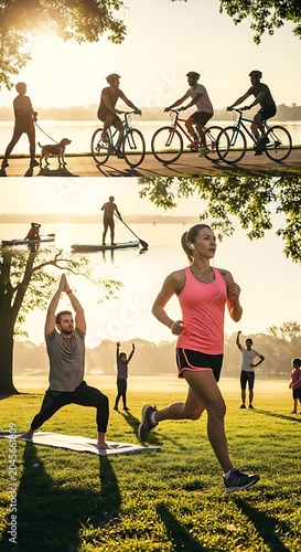 People exercising outdoors in park at sunset.
