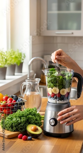 Person blending healthy ingredients in kitchen.