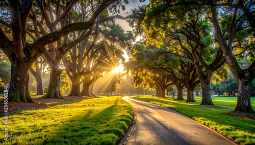 A sunlit avenue lined with mature trees, casting long shadows on a curved pathway through lush green grass