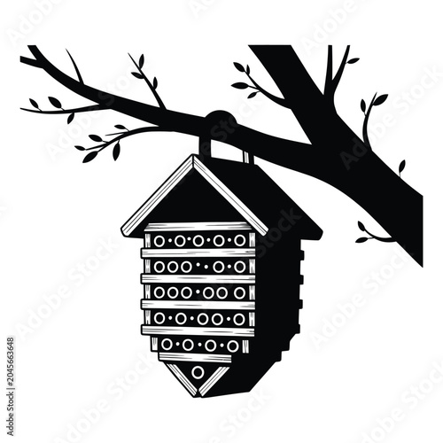 Hanging Bee Hotel on Tree Branch Vector, Silhouette, Illustration