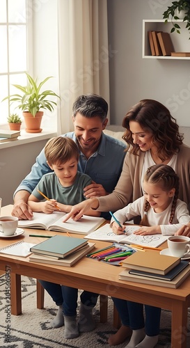 Family drawing together at home table.