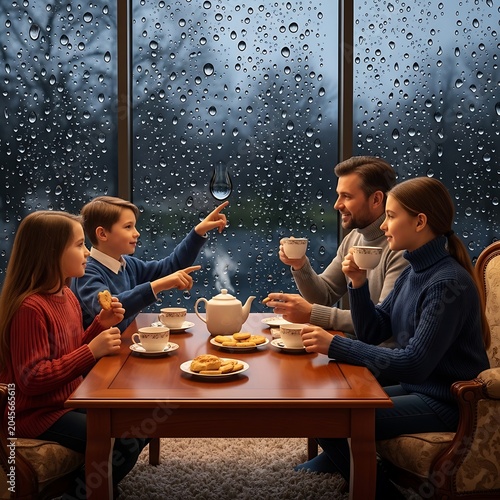 Family enjoying hot beverages on rainy day.