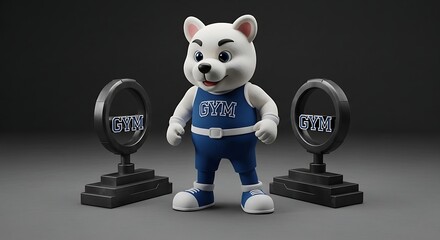 Smiling white bear mascot with trophies.