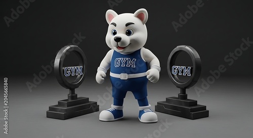 Smiling white bear mascot with trophies.