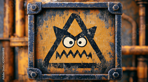 Danger Warning Sign with Cartoon Monster Face